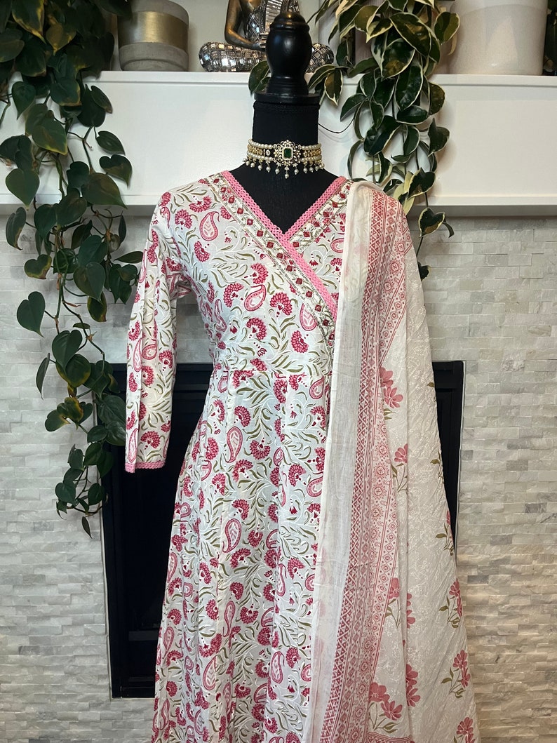 White Printed 3/4 Sleeve Cotton Angrakha Kurta