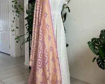 pure georgette chikankari embroidered long dress with pure georgette hand dyed bandini banaras duppatta or chanderi zari lines dupatta