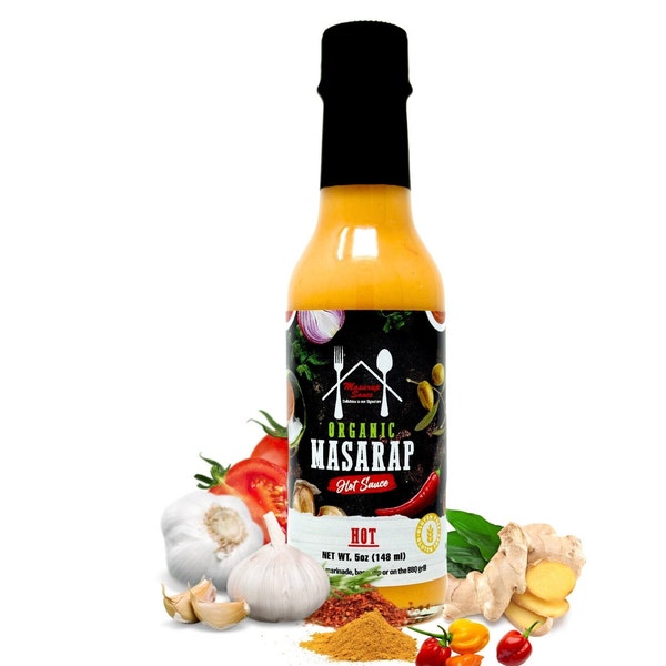 Masarap Sauce: Gourmet hot Sauce with habanero peppers, garlic, olive oil, onions, and Filipino-West African spice- Hot Sauce in 5 oz bottle