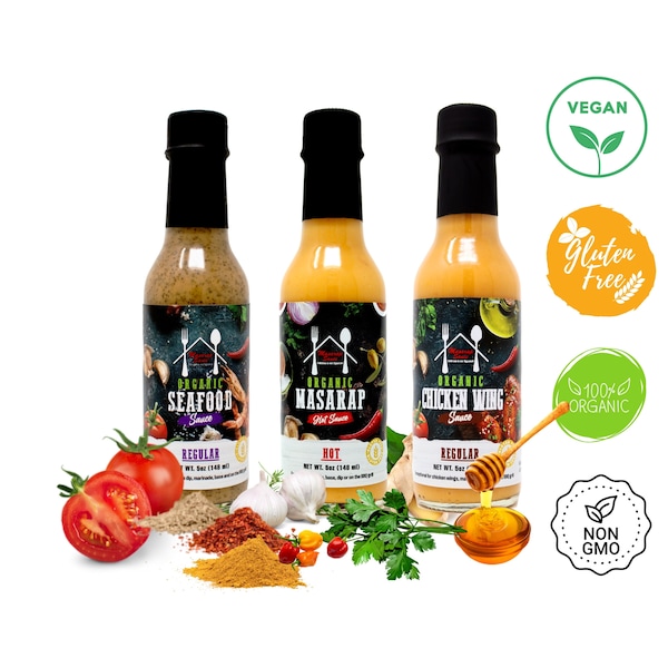 Masarap Sauce Gift Set: Gourmet Hot sauce, Chicken Wings Sauce, and Seafood Sauce. Vegan, Gluten-free, Organic. 3 pack in  5 oz bottles.