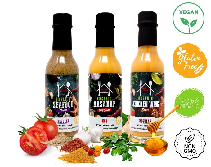 Masarap Sauce Gift Set: Gourmet Hot sauce, Chicken Wings Sauce, and Seafood Sauce. Vegan, Gluten-free, Organic. 3 pack in  5 oz bottles.