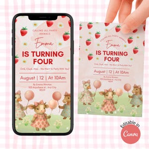 Carte virtuelle d'invitation d'anniversaire à la ferme, modèle modifiable d'animaux de fête, invitation imprimable pour une fête de ferme, fête d'enfants sur le thème de la ferme, téléchargement instantané
