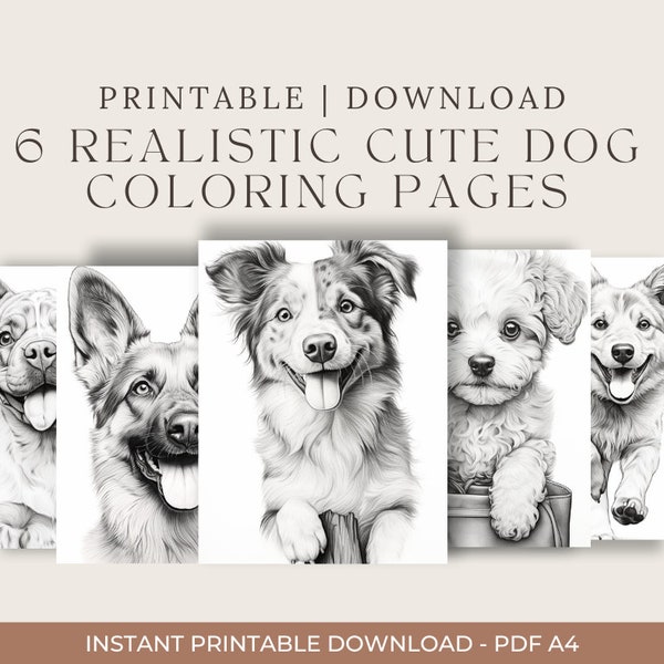 6 Realistic Dog Coloring Pages Instant Download, Greyscale, Dog Lovers, Digital Art, Printable Activity