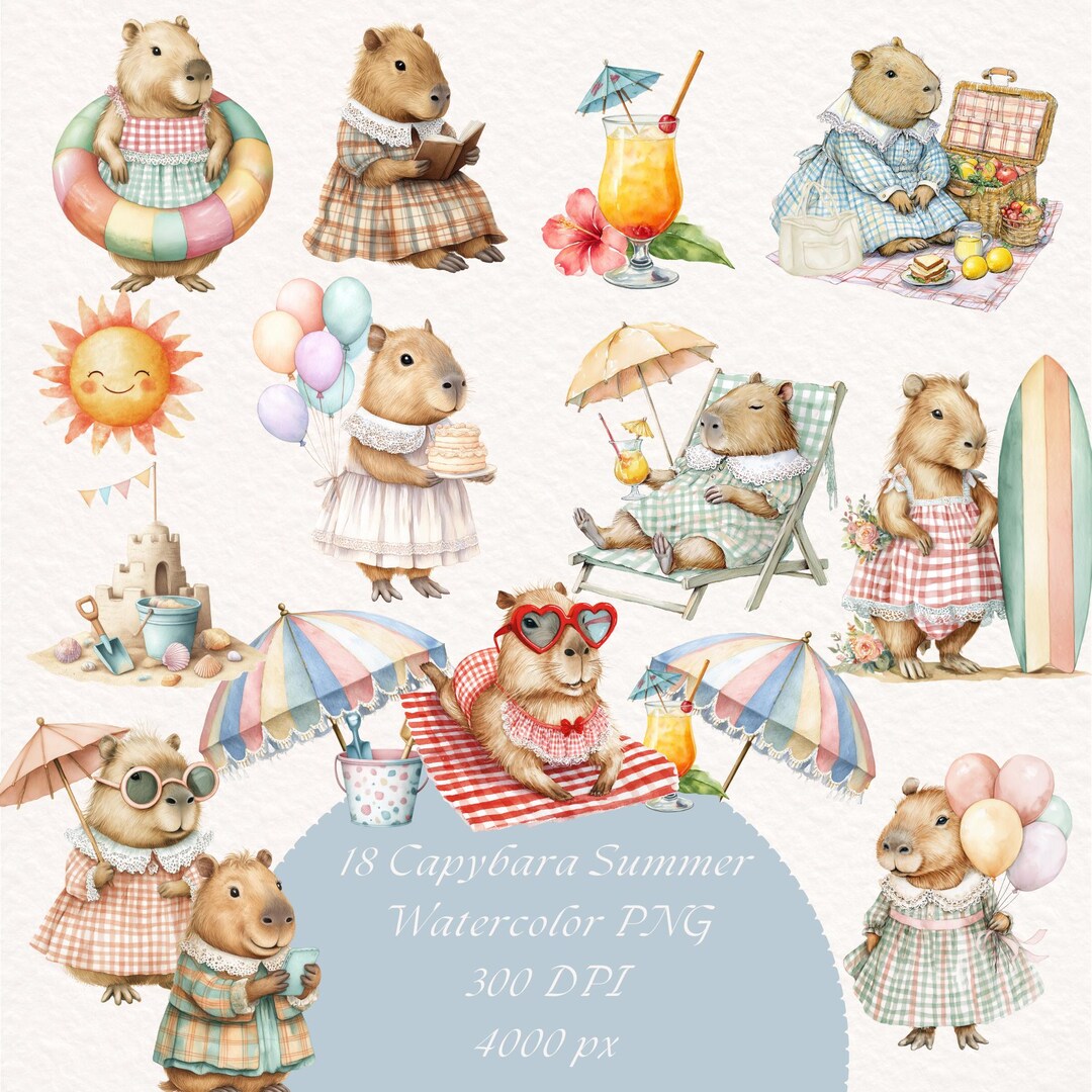 Capybara Summer Watercolor Clipart Bundle, Cute Beach Capybara PNG ...