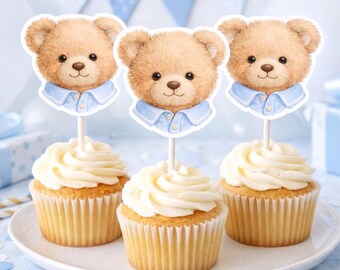 Teddy Bear Cupcake Toppers Printable, Birthday Boy Cake Topper, Blue Party Decor for Boys, Instant Download DIY