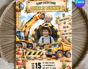 Construction Birthday Invitation with Photo, Editable Canva Template, Dump Truck Birthday Invite, Boys Construction Party, Digital Download