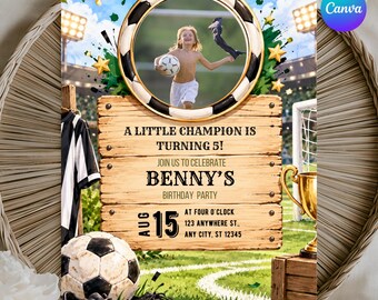 Soccer Birthday Invitation with Photo, Editable Football Birthday Invite for Boy, Soccer Party Canva Template, 5x7 Digital Download