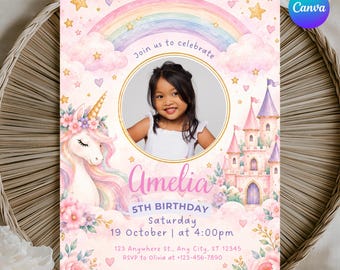Unicorn Birthday Invitation with Photo, Editable Canva Template, Pastel Rainbow Unicorn Party Invite, Digital Download, 5x7