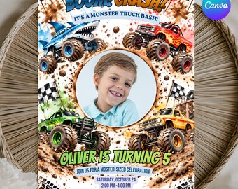 Monster Truck Birthday Invitation, Editable Canva Template, Monster Truck Invitation with Photo, Watercolor Boys Birthday Party Invite 5 x 7