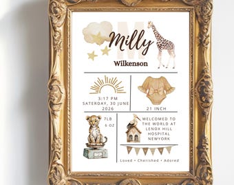 Birth Stats Poster Girl | Personalized Baby Stats Print Gift | Safari Neutral Nursery Wall Art | Digital Printable Birth Announcement