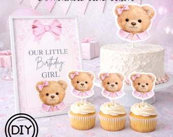 Teddy Bear Birthday Girl Set | Cupcake Toppers, Cake Topper & Poster | Pink Bear Party Decor | First Birthday Girl DIY