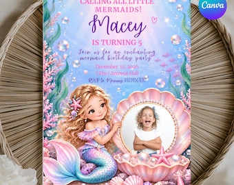 Mermaid Birthday Invitation with Photo, Editable Canva Template, Under the Sea 5x7 Digital Invite