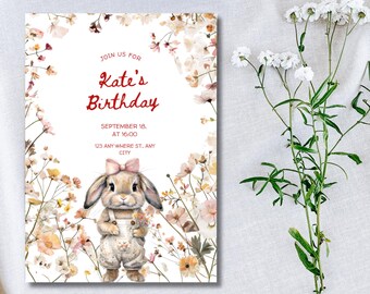 Editable Wildflower Bunny Birthday Invitation 5 x7 | Girl's Party Canva Template | Instant Download