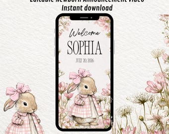 Newborn Announcement Video for Baby Girl | editable Animated Birth Announcement | Digital Baby Arrival MP4