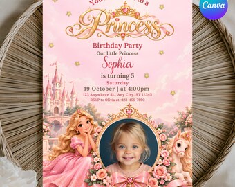 Princess Birthday Invitation with Photo, Editable Girls Birthday Party Invite, Pink Fairytale Princess Theme, Digital Birthday Invitation