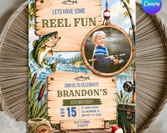 Fishing Birthday Invitation with Photo, Editable Fishing Birthday Invite for Boy, Reel Fun Fishing Party, Canva Template, Digital Download