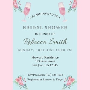 Bridal Shower Pink Champagne Floral Invitation Template, Modern Editable Template Bridal Shower Invitation, Printable Bridal Shower Included