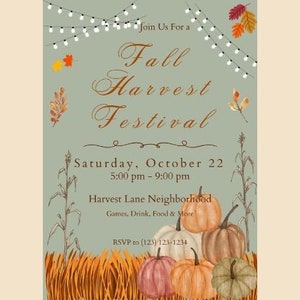Fall Harvest Festival Invitation Template, Festival Fall Harvest Editable, Harvest Festival Fall Invitation, Digital Download Canva Template