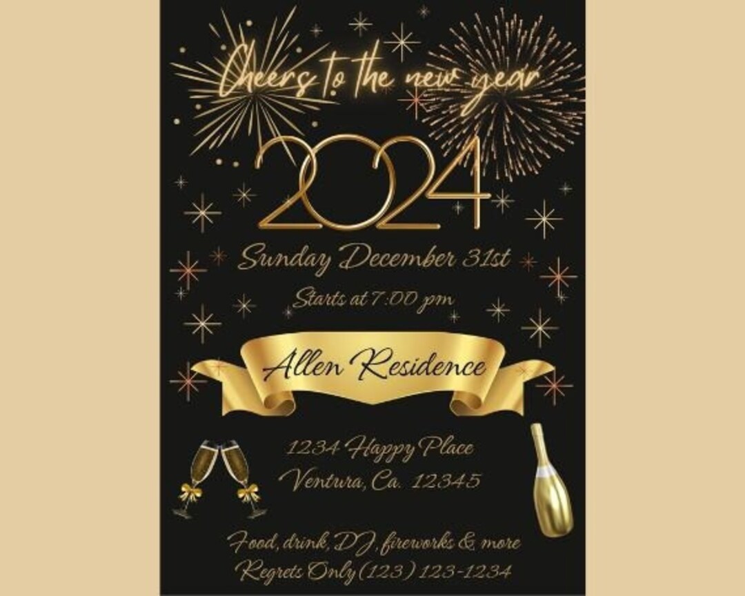 New Year's Eve Party Editable Template, Cheers New Year's Eve Party Invitation, 2024 New Year's
