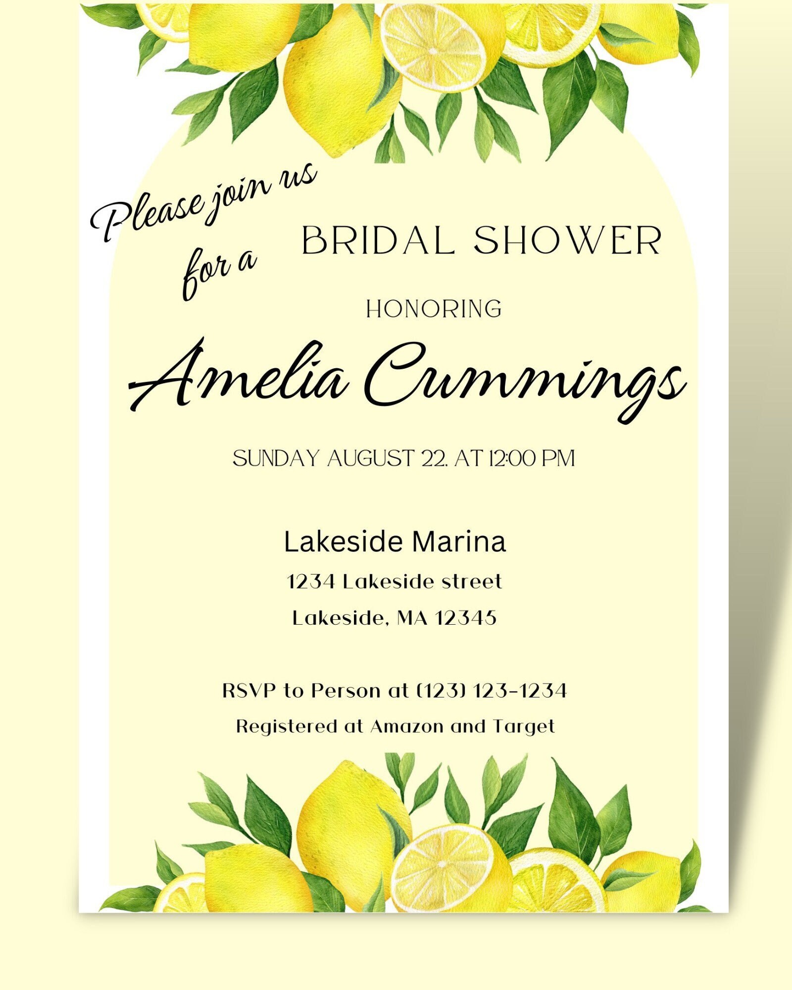 Bridal Shower Lemon Theme Invitation Template, Editable Template Lemon