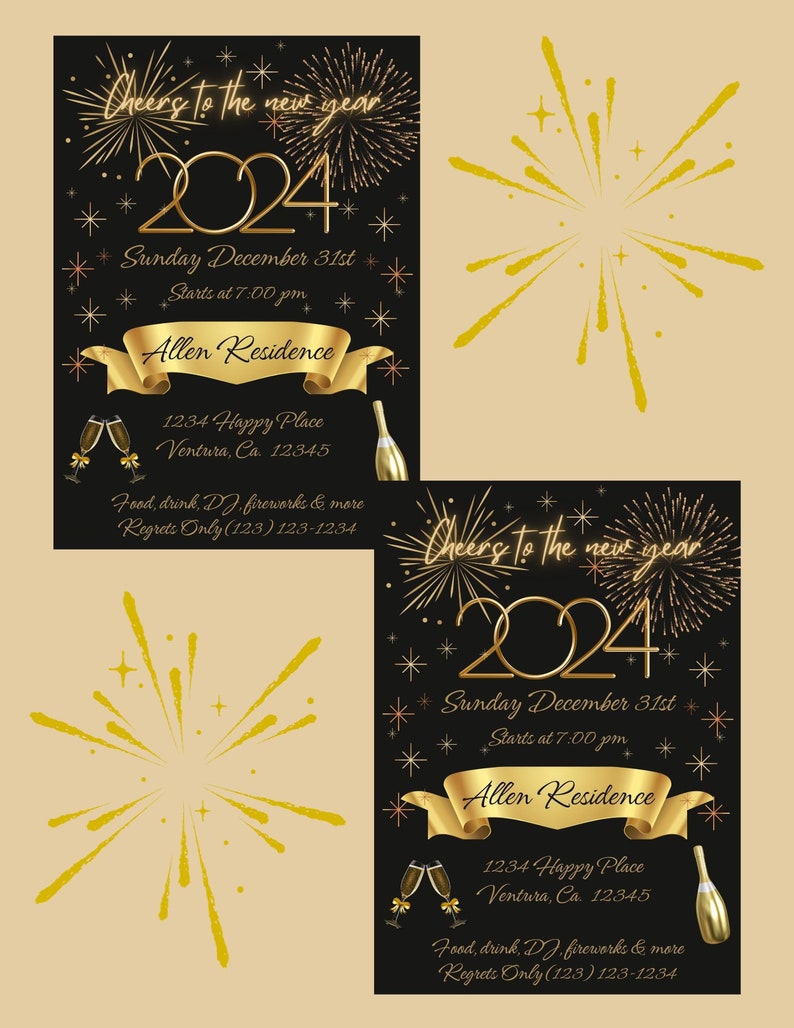 New Year's Eve Party Editable Template, Cheers New Year's Eve Party Invitation, 2024 New Year's