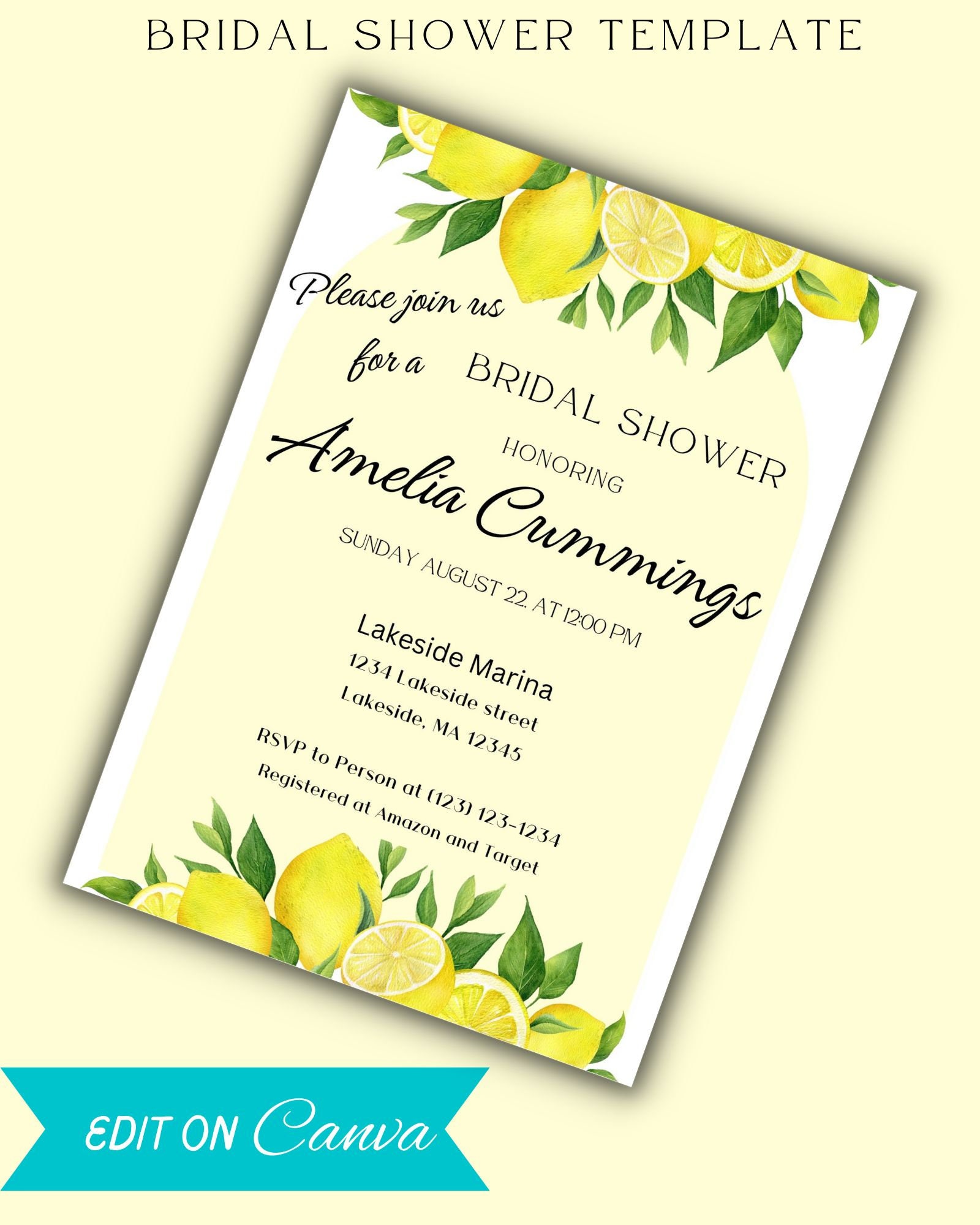 Bridal Shower Lemon Theme Invitation Template, Editable Template Lemon