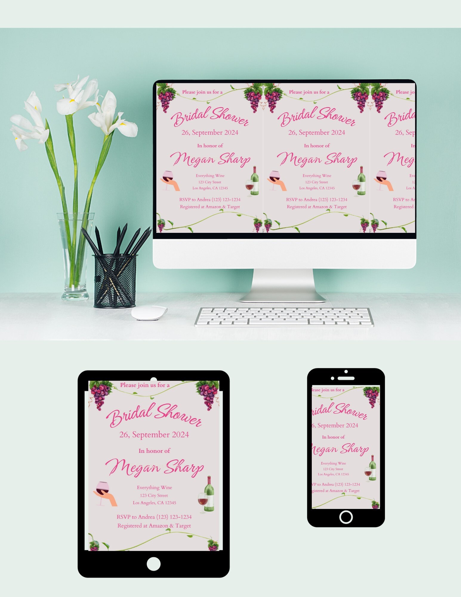 Bridal Shower Modern Grape Vine Invitation Template, Modern Grape Vine