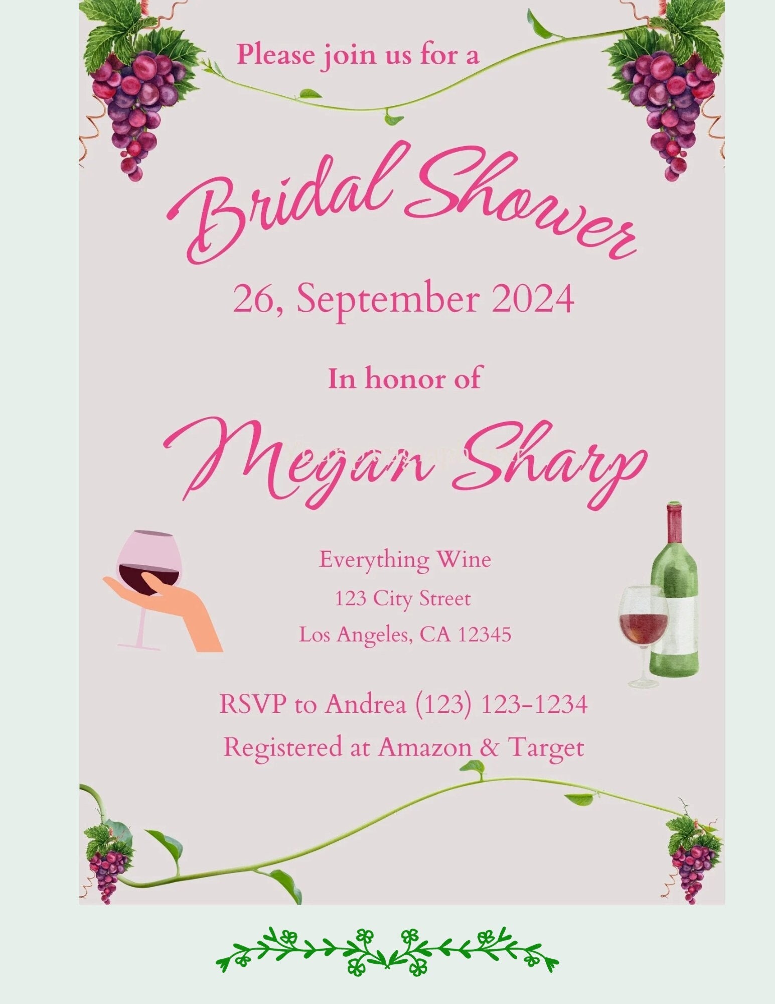 Bridal Shower Modern Grape Vine Invitation Template, Modern Grape Vine