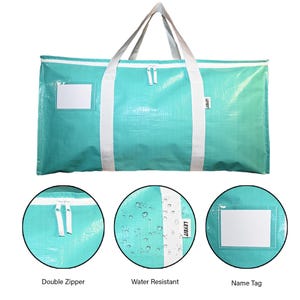 May include: A turquoise blue duffel bag with white straps and a double zipper. The bag has a name tag and is water resistant. The bag is made of a durable, waterproof material.