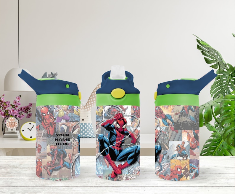 Personalized Spider Man Inspired 12oz Kids Flip Top Water Bottle Bild 1