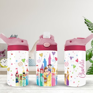 Botella de agua personalizada de princesa para niñas / Botella de agua personalizada con nombre para niñas / Taza infantil con castillo de princesa / Regalo de cumpleaños para niñas