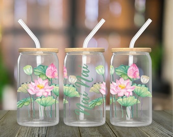 Personalized Lily Pad 16oz Clear Glass Tumbler with Straw