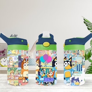 May include: Three blue and green water bottles with a colorful cartoon design featuring dogs. The bottles have a flip top lid and a carrying handle. The design on the bottles includes the words "Perfect School" and "Your Name Here".