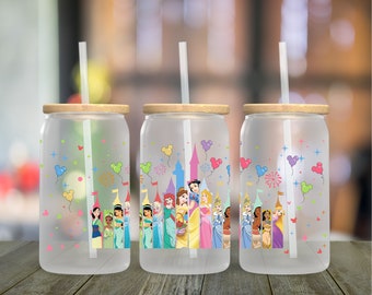 Disney Princesses in a Castle 16oz Frosted Glass Tumbler with Straw