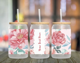 Personalized Blush Pink Flower 16oz Frosted Glass Tumbler with Straw