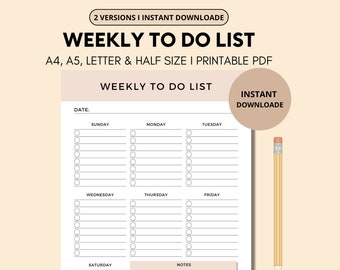 Planificateur hebdomadaire de liste de tâches, planificateur hebdomadaire imprimable, PDF, lettre, A4, A5 et demi-lettre, planificateur numérique