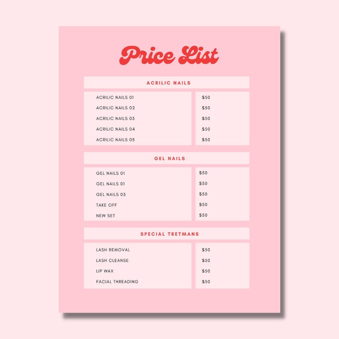Nail Tech Price List, Editable Nail Artist Template, Beauty Card for