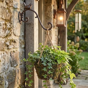 May include: A hanging basket filled with green ivy plants suspended from a decorative, wrought-iron hook. The hook is mounted on a wooden post next to a stone wall. A small bird decorates the top of the hook.