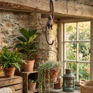 Cast Iron Monkey Plant S Hook, Rustic Antique Brown Garden Porch Hanger 9.25"
