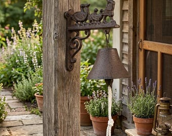 Cast Iron Lady Geese Dinner Bell, Rustic Antique Brown Wall Mount Porch Decor