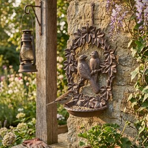 Cast Iron Bird Bath Seed Feeder, Rustic Antique Brown Wall Mount Garden Decor 9.75"