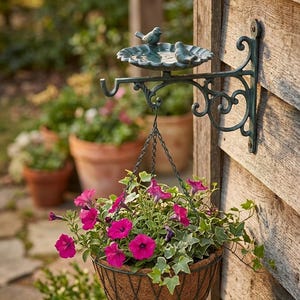 May include: A decorative bird bath and hanging basket set. The bird bath is made of metal and features two small bird figurines. A hanging basket filled with vibrant pink flowers and green foliage hangs below.