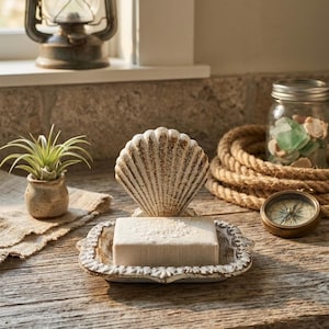 May include: A seashell-shaped soap dish with a bar of soap, a decorative seashell, and a small plant in a pot. A nautical theme is suggested by the rope, compass, and jar of sea glass.