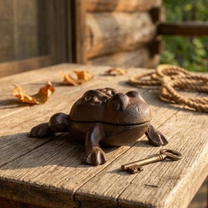 May include: A cast iron frog-shaped box with a hinged lid, finished in a dark brown color. A vintage-style brass key rests beside the frog box on a weathered wooden surface. The frog box is a decorative storage item.