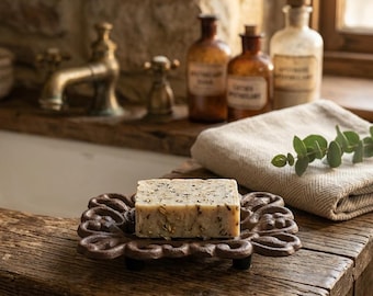 Cast Iron Four Leaf Clover Soap Dish, Rustic Footed Bathroom Decor Countertop
