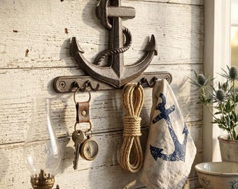 Cast Iron Anchor Rope Wall Hook Rack, Rustic Nautical Beach Decor Key Hanger