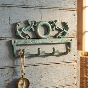 Cast Iron Anchor Preserver Key Hook, Green Gold Nautical Coastal Wall Decor