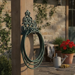 May include: A decorative green metal garden hose holder mounted on a wooden post. The holder has an ornate, scrolled design and holds a coiled green garden hose. The background includes a stone wall, plants, and a watering can.