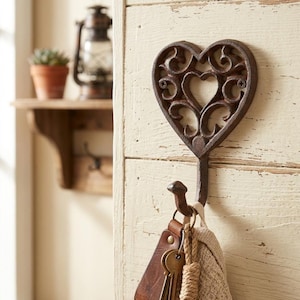 Cast Iron Heart Scroll Wall Hook, Rustic Antique Brown Coat Key Hanger