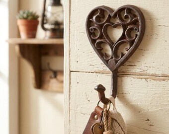 Cast Iron Heart Scroll Wall Hook, Rustic Antique Brown Coat Key Hanger